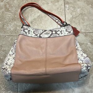 Coach Lexy Blush Peach Leather Shoulder Bag with Snake-Print Trim